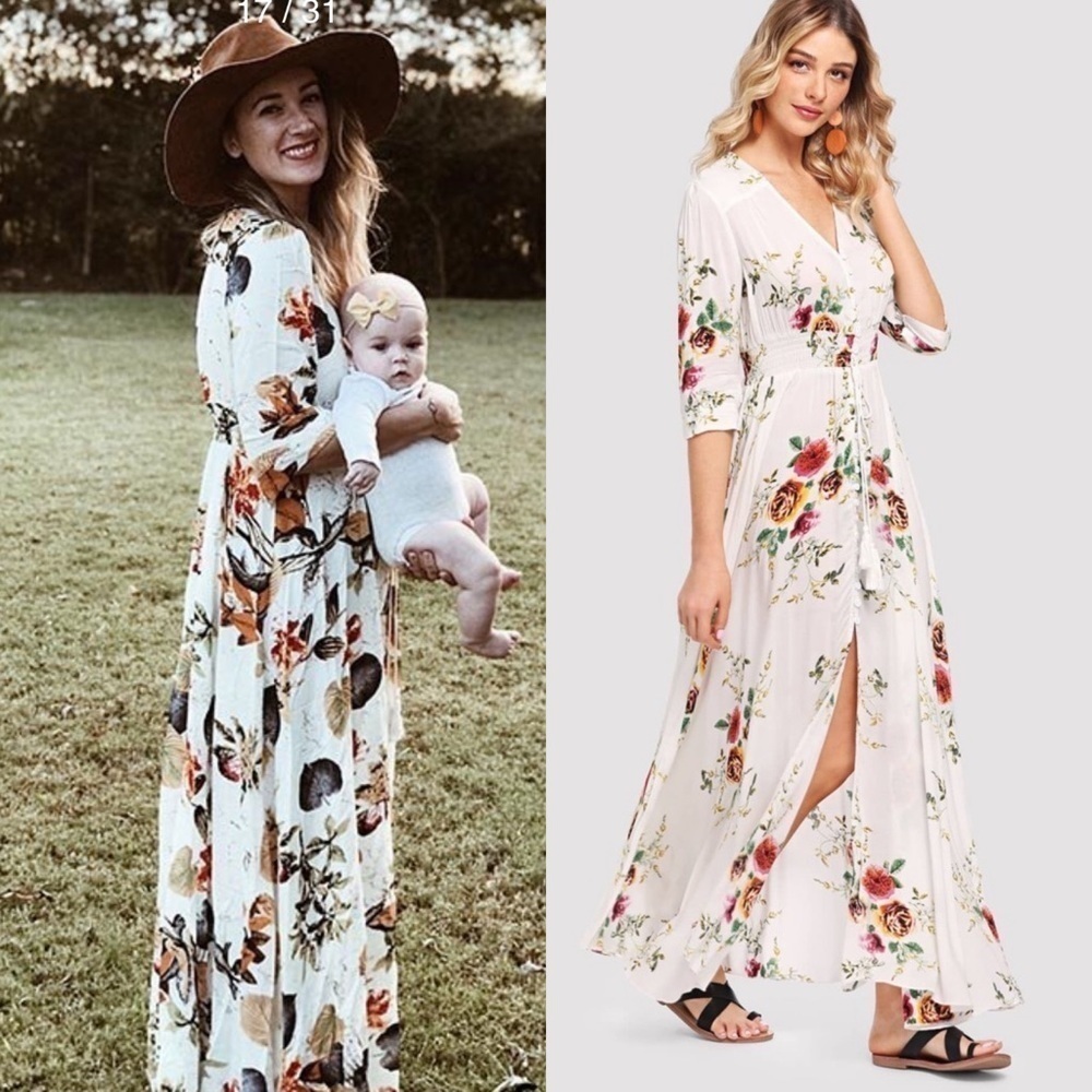 Milumia Button Up Split Floral Print Flowy Boho Party Maxi Dress Vacation M